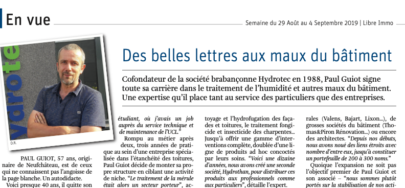 Revue de Presse La Libre Immo Septembre 2019 Hydrotec Assainissement